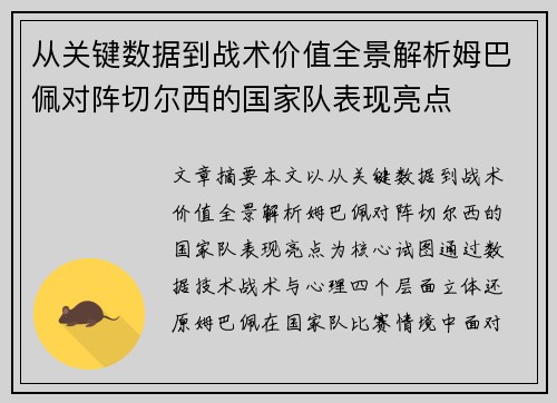 从关键数据到战术价值全景解析姆巴佩对阵切尔西的国家队表现亮点 从关键数据到战术价值全景解析姆巴佩对阵切尔西的国家队表现亮点