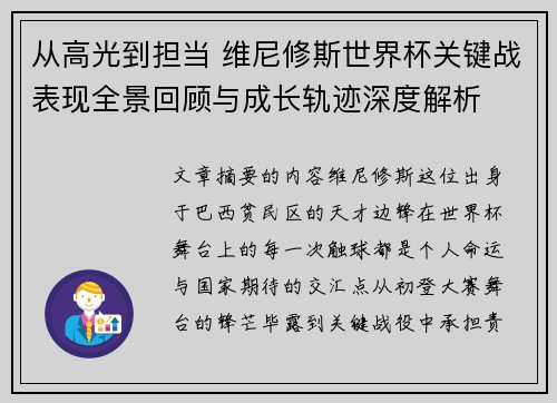 从高光到担当 维尼修斯世界杯关键战表现全景回顾与成长轨迹深度解析
