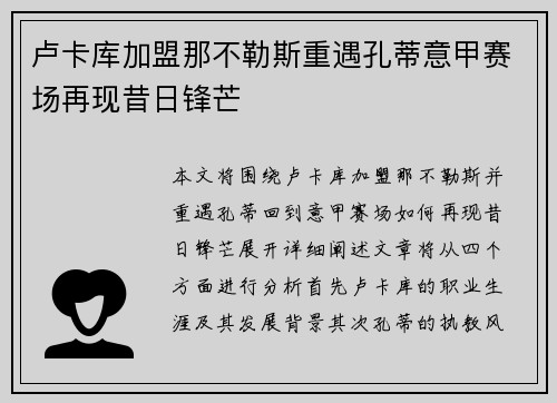 卢卡库加盟那不勒斯重遇孔蒂意甲赛场再现昔日锋芒